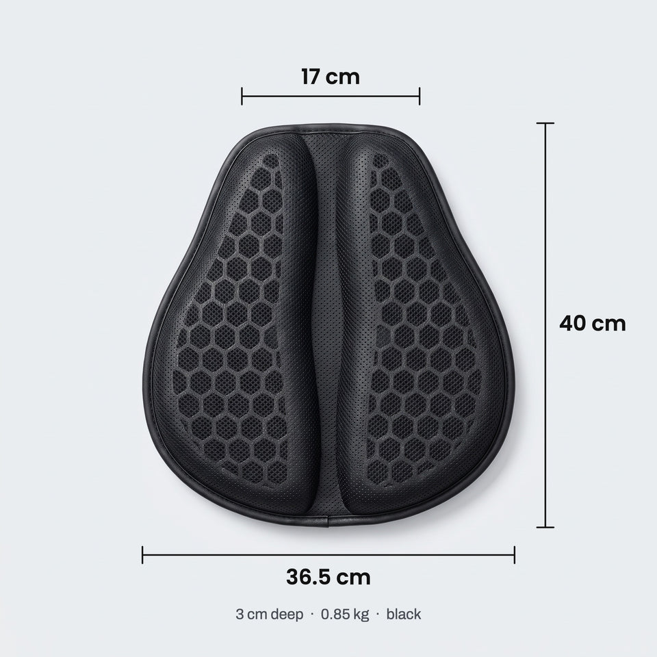MotoCush gel seat pad size: 40 cm long, 36.5 cm wide at the back, 17 cm at the front, 3 cm deep