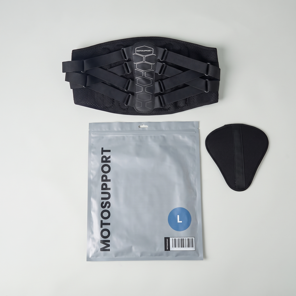 MotoSupport back support with its retail bag and removable foam insert