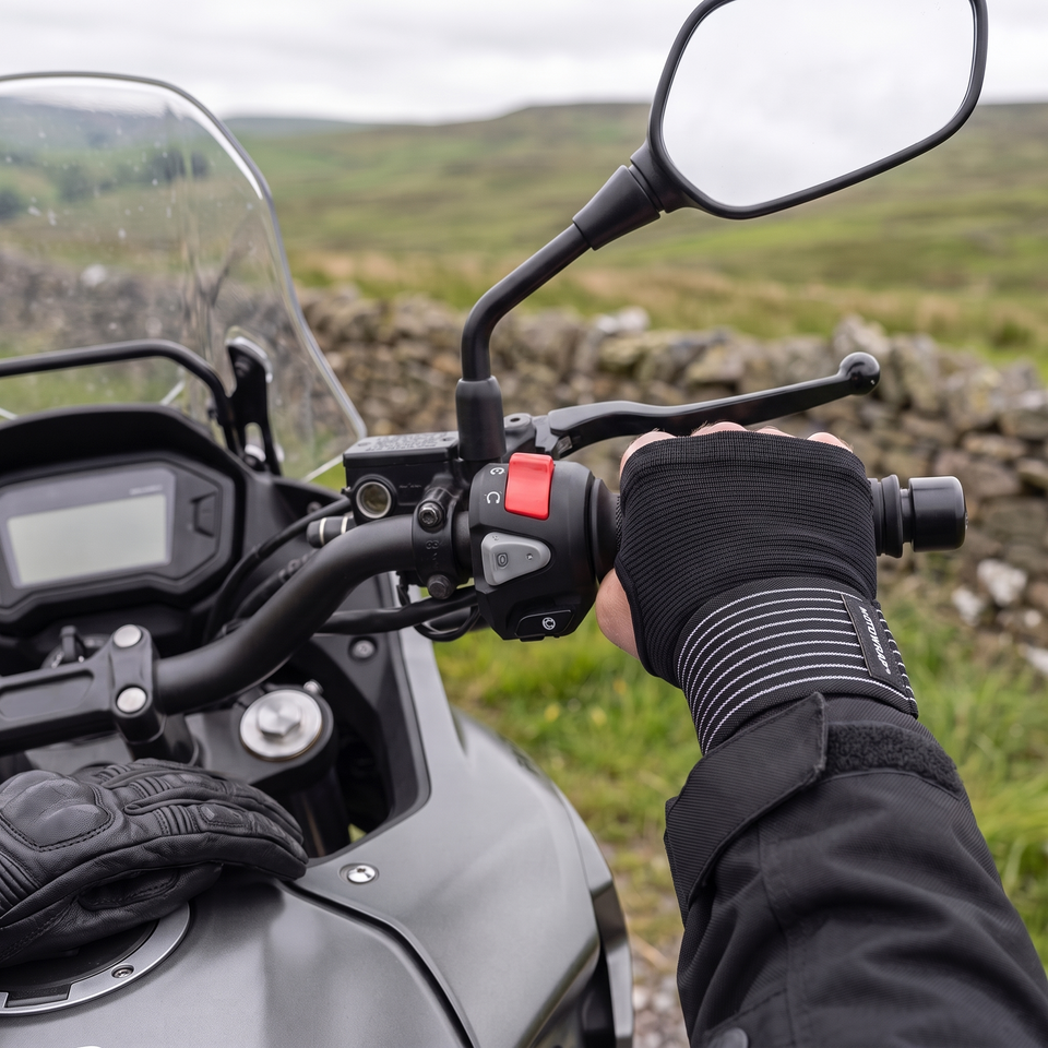 Rider's hand on the throttle wearing the MotoWrap wrist support