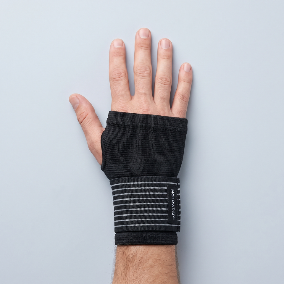 MotoWrap wrist support worn, seen from the back of the hand