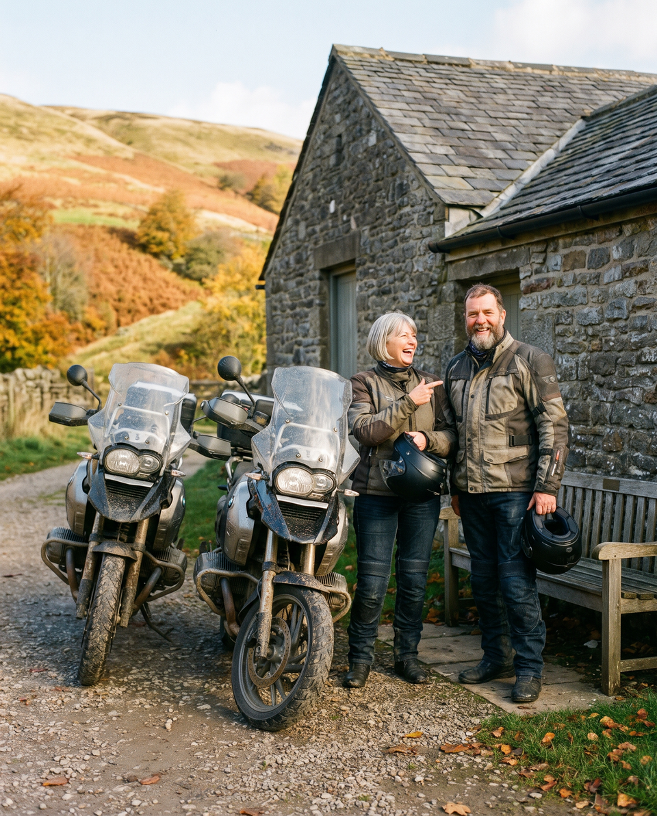Two riders at a roadside cafe after a long ride