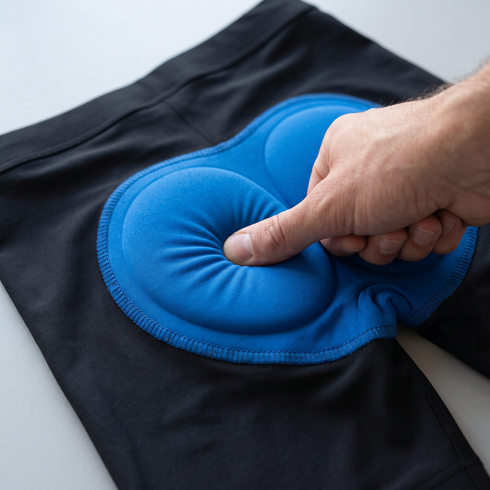 Thumb pressing into the padding of MotoCush motorcycle shorts