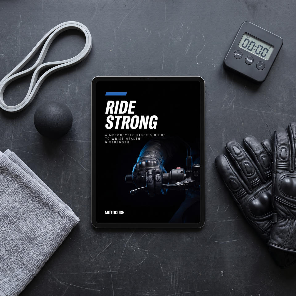 The Ride Strong guide on a tablet with a resistance band, soft ball, towel, timer and riding gloves