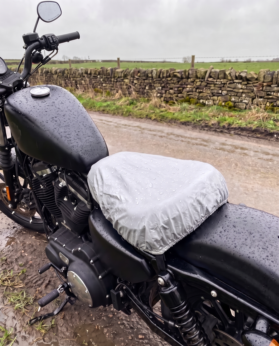 Silver rain cover over the gel seat pad on a parked motorcycle in the rain