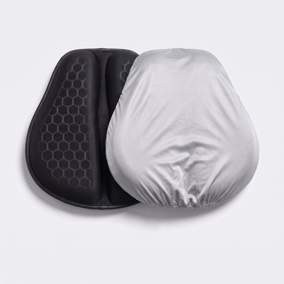 Gel seat pad next to a pad with the silver rain cover fitted