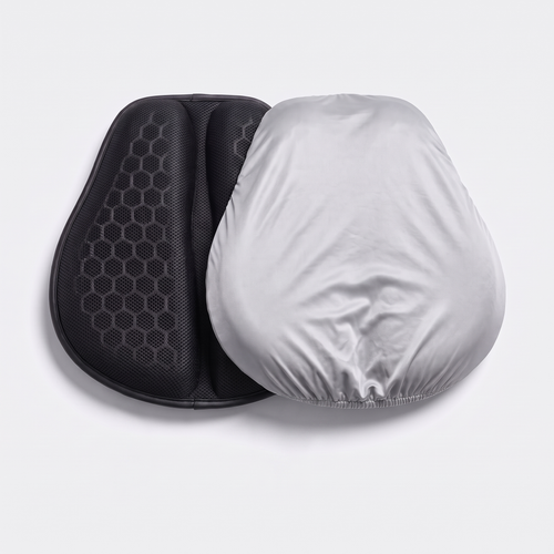 Gel seat pad next to a pad with the silver rain cover fitted