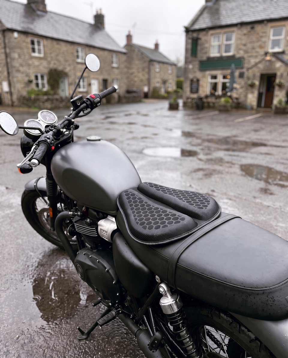 Gel seat pad on a retro roadster parked in a wet village street