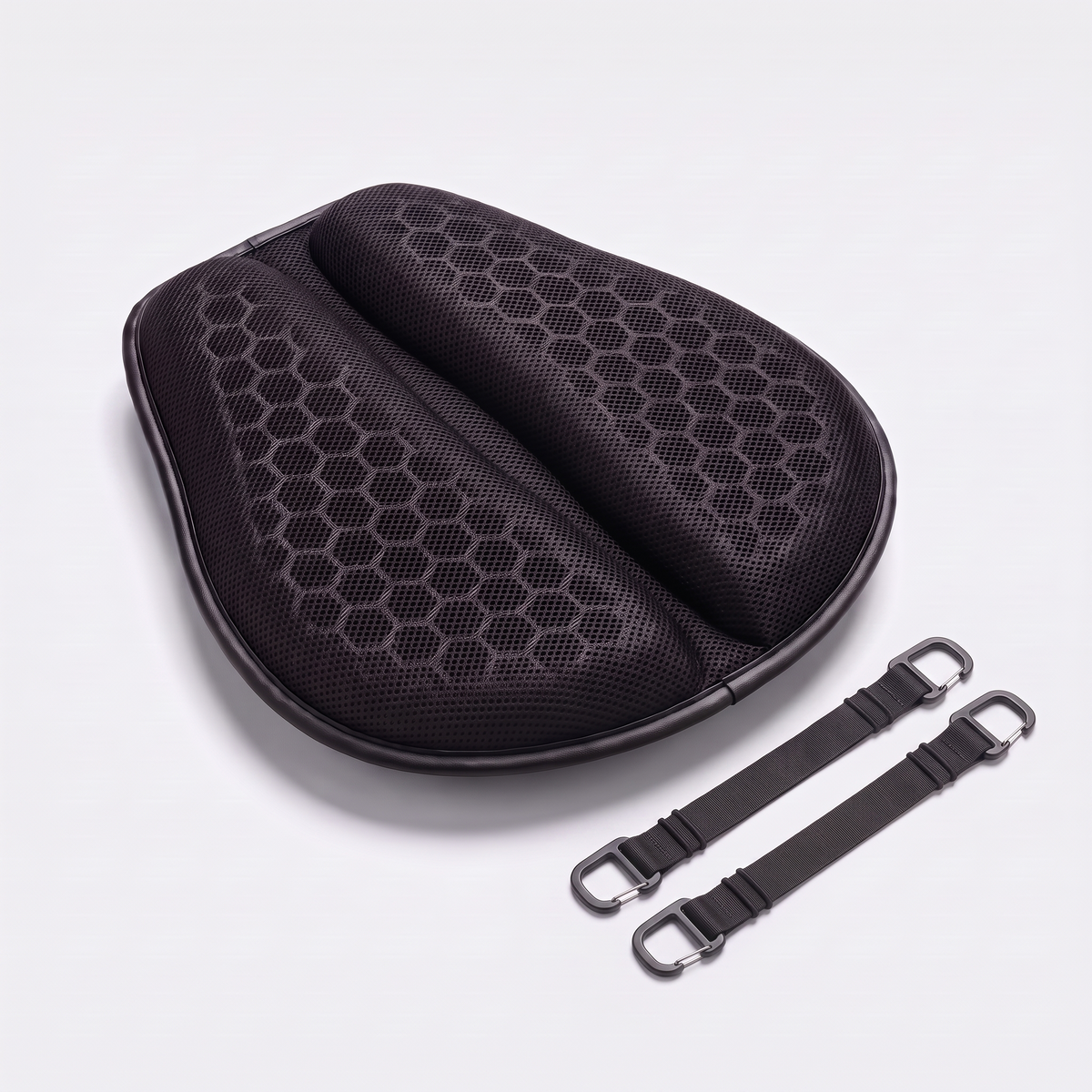 MotoCush gel seat pad with its two elastic straps and flat hook clips