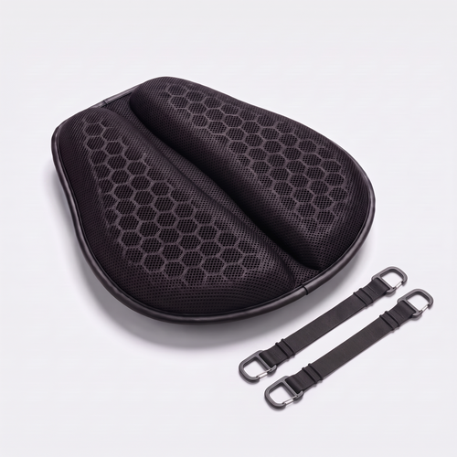 MotoCush gel seat pad with its two elastic straps and flat hook clips
