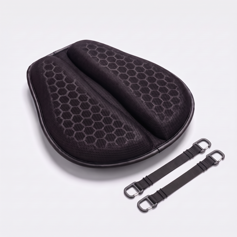 MotoCush gel seat pad with its two elastic straps and flat hook clips