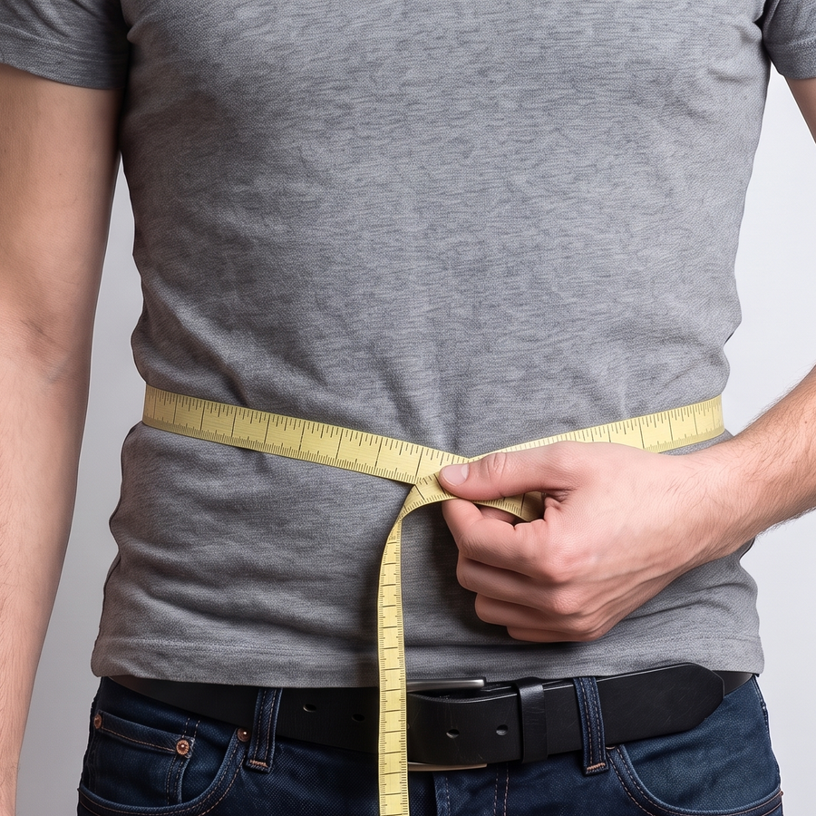 Measuring the waist at navel height with a tape measure, above the belt line