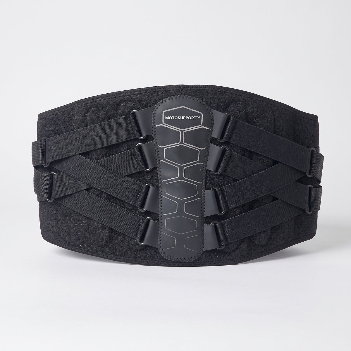 MotoSupport belt seen from the back, with its hexagon panel and criss-cross straps