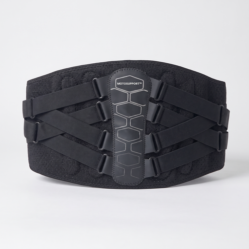 MotoSupport belt seen from the back, with its hexagon panel and criss-cross straps