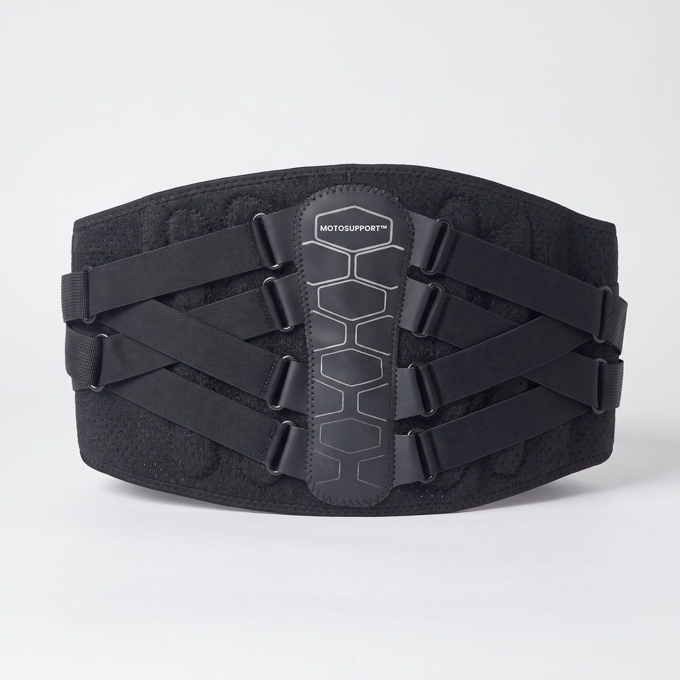 MotoSupport belt seen from the back, with its hexagon panel and criss-cross straps
