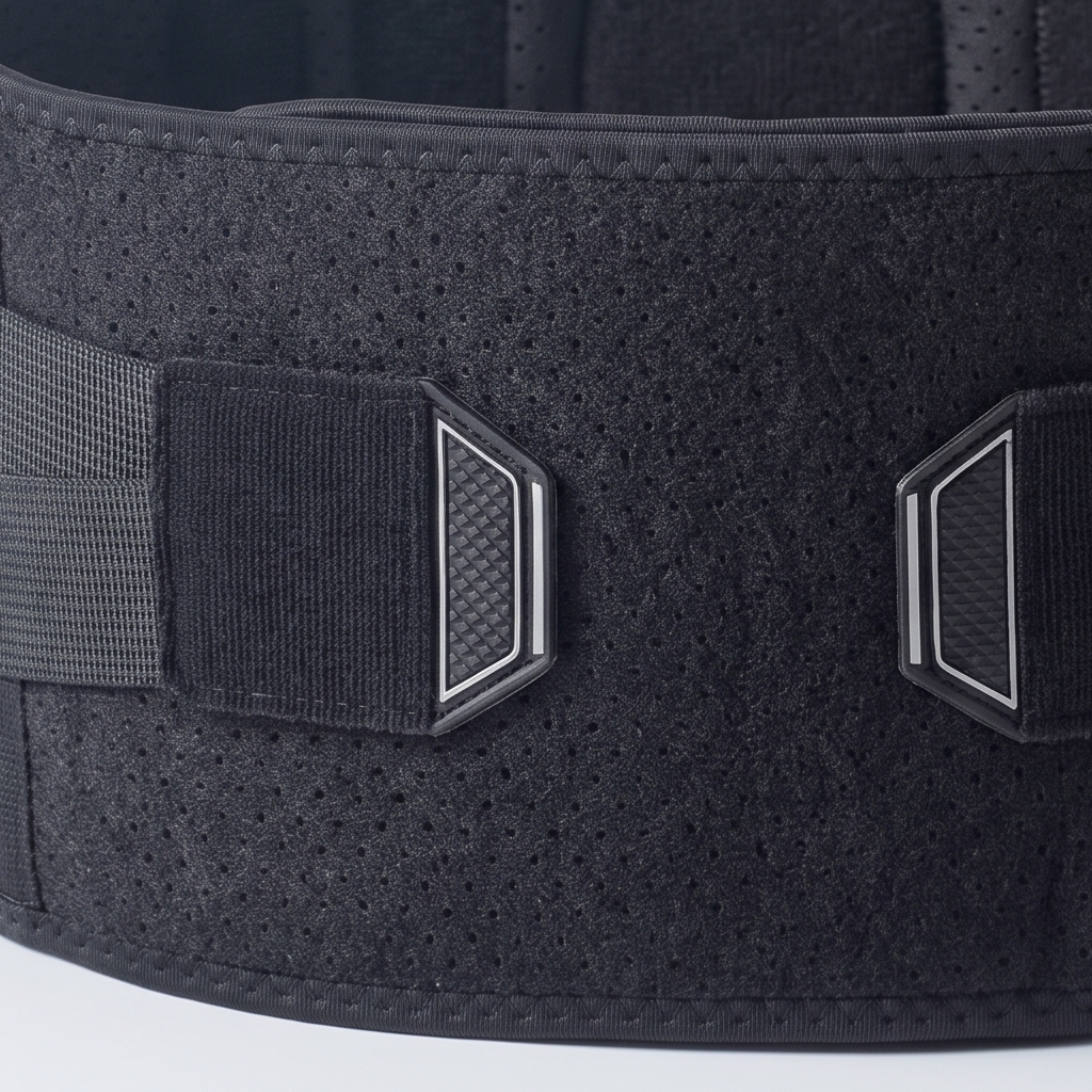 Close-up of the two front fastening tabs on the MotoSupport back support