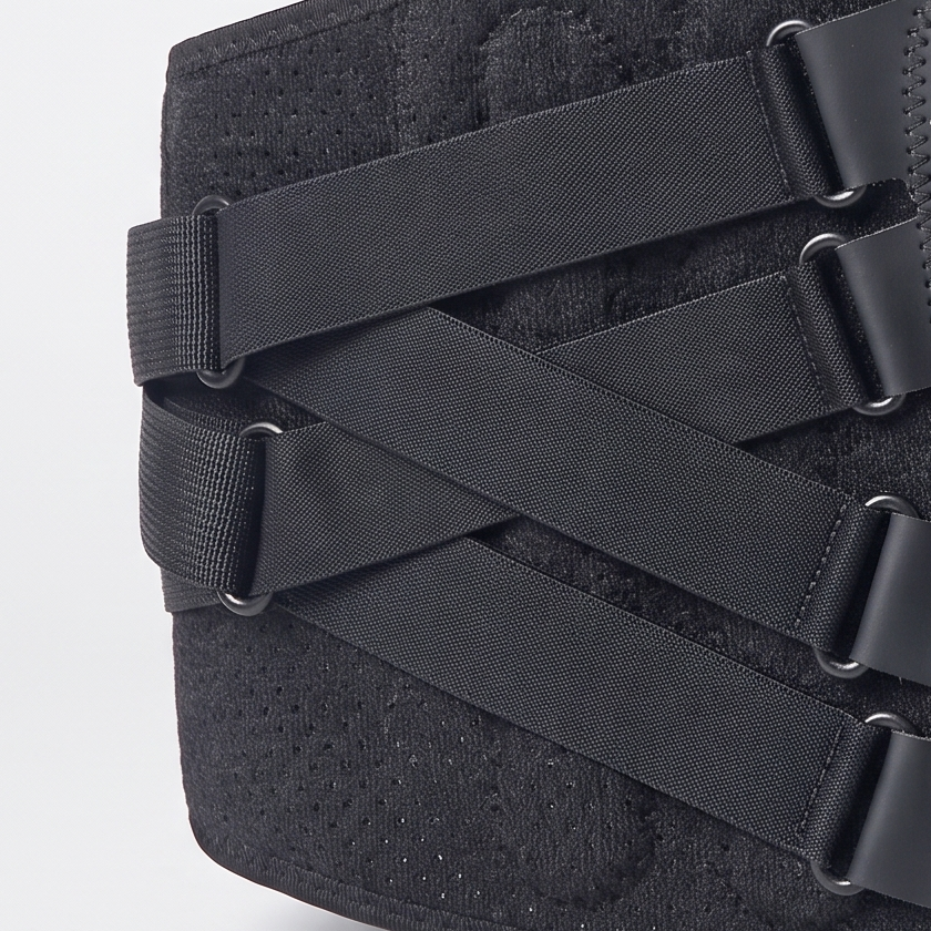 Close-up of the crossed dual-tension straps on the MotoSupport back support