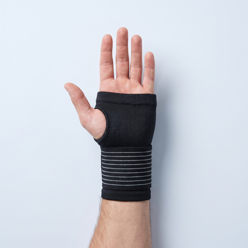 MotoWrap wrist support worn, seen from the palm side