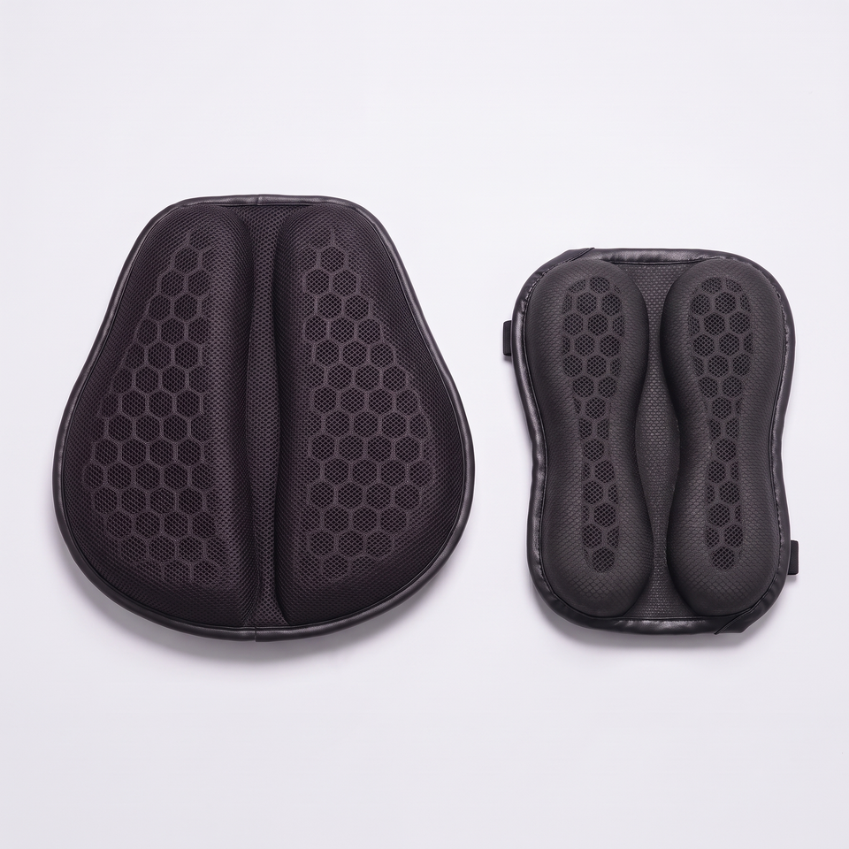 Rider gel seat pad and the smaller gel passenger pad side by side