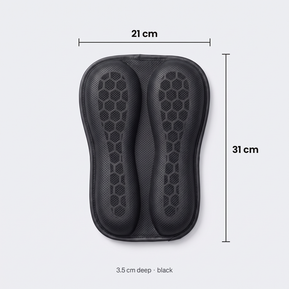 Gel passenger pad size: 21 cm wide, 31 cm long, 3.5 cm deep
