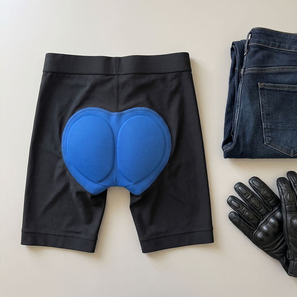 MotoCush padded motorcycle shorts laid flat with riding jeans and gloves